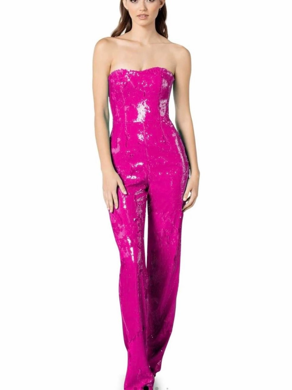 Dress the Population Strapless Sequin Jumpsuit in Hot Pink